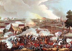 British army resisting a charge by the French cavalry, Battle of Waterloo, 1815, 19th-century aquatint, after a painting by William Heath..jpg