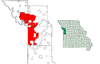 左: カンザスシティ市域を含む4郡におけるカンザスシティの位置と市域の広がり方右: ミズーリ州内における4郡の位置の位置図